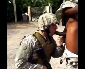 Soldier coerced to deep-throat dark-hued manstick